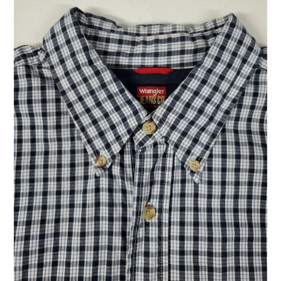 Wrangler Jeans Co Shirt Mens Large Button Down Blue White Plaid Cool Cotton - Picture 6 of 12